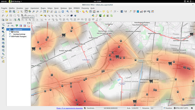 A screenshot of the QGIS application's user interface demonstrating a heatmap with a basemap and an arbitrary vector layer